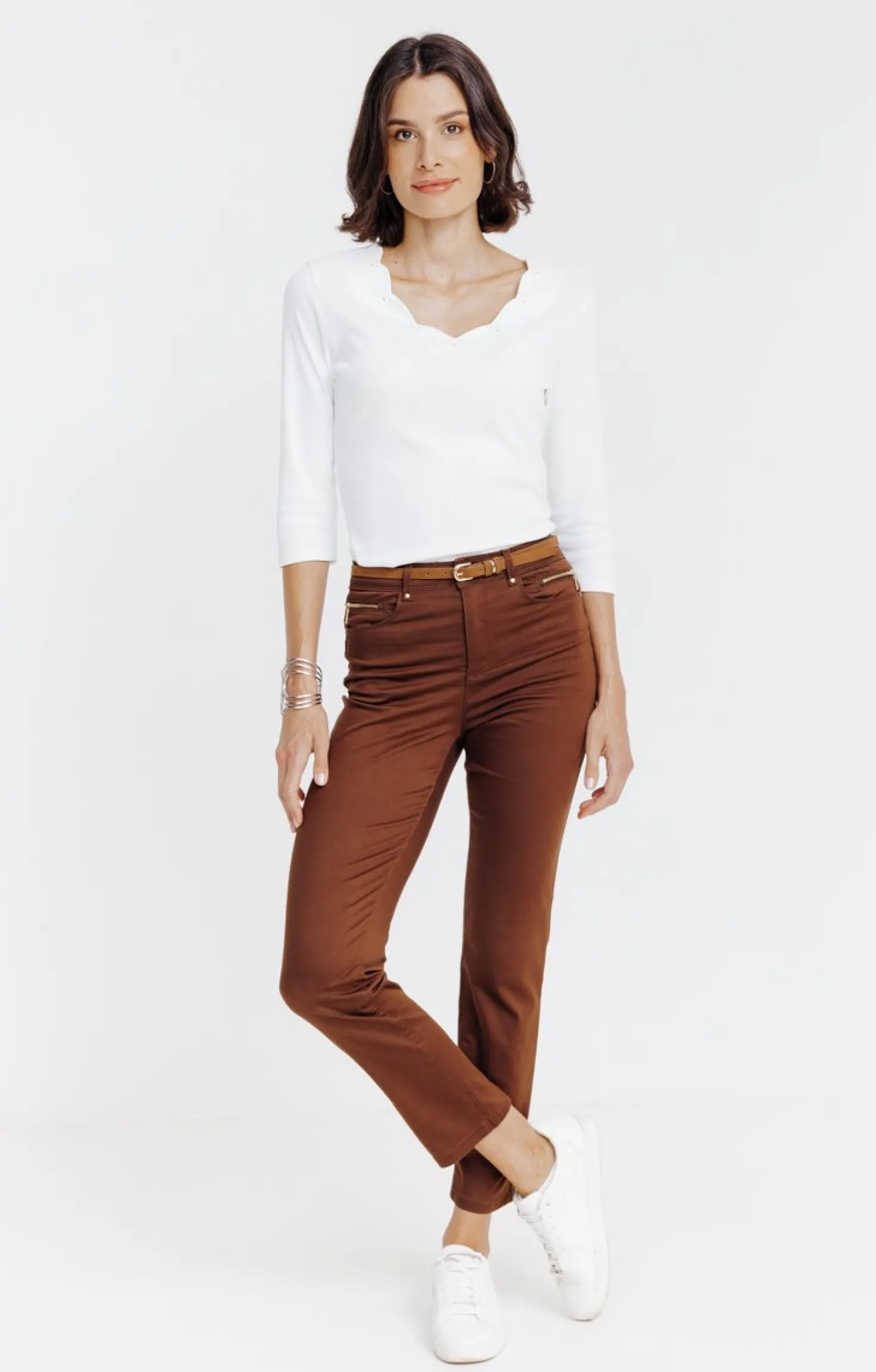 Armand Thiery Pantalon 7/8 avec ceinture similicuir - Marron Sale