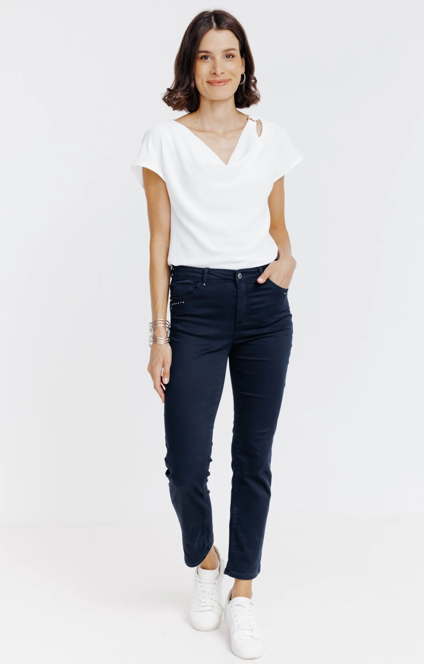 Armand Thiery Pantalon 7/8 coton détail clous poches - Marine Sale