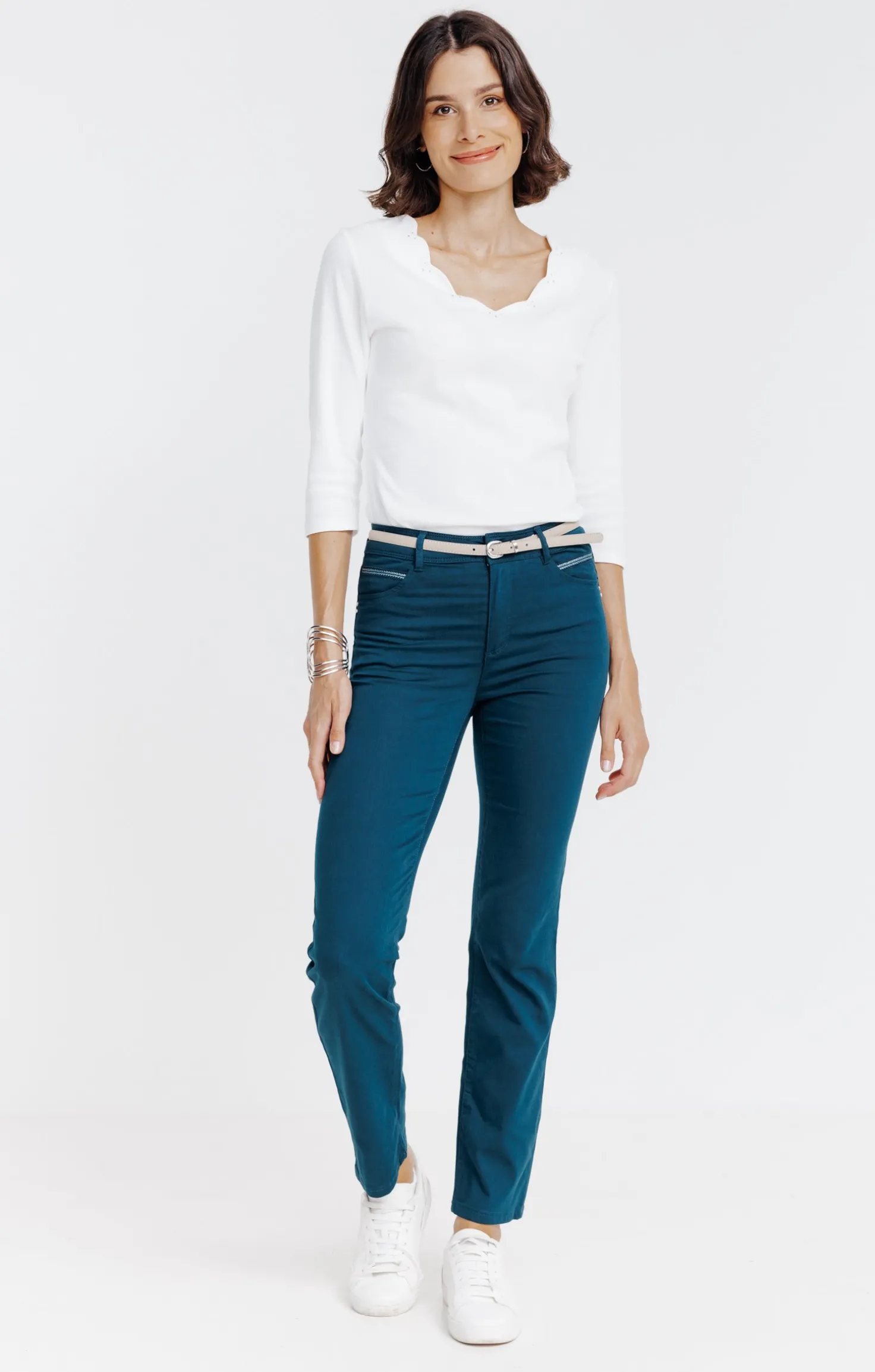 Armand Thiery Pantalon 7/8 coton viscose avec ceinture - Pétrole Store