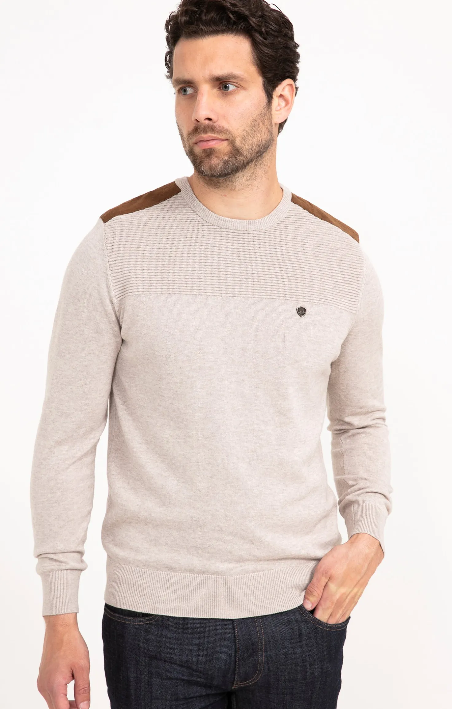 Armand Thiery Pull uni empiècement suèdine - Beige Store