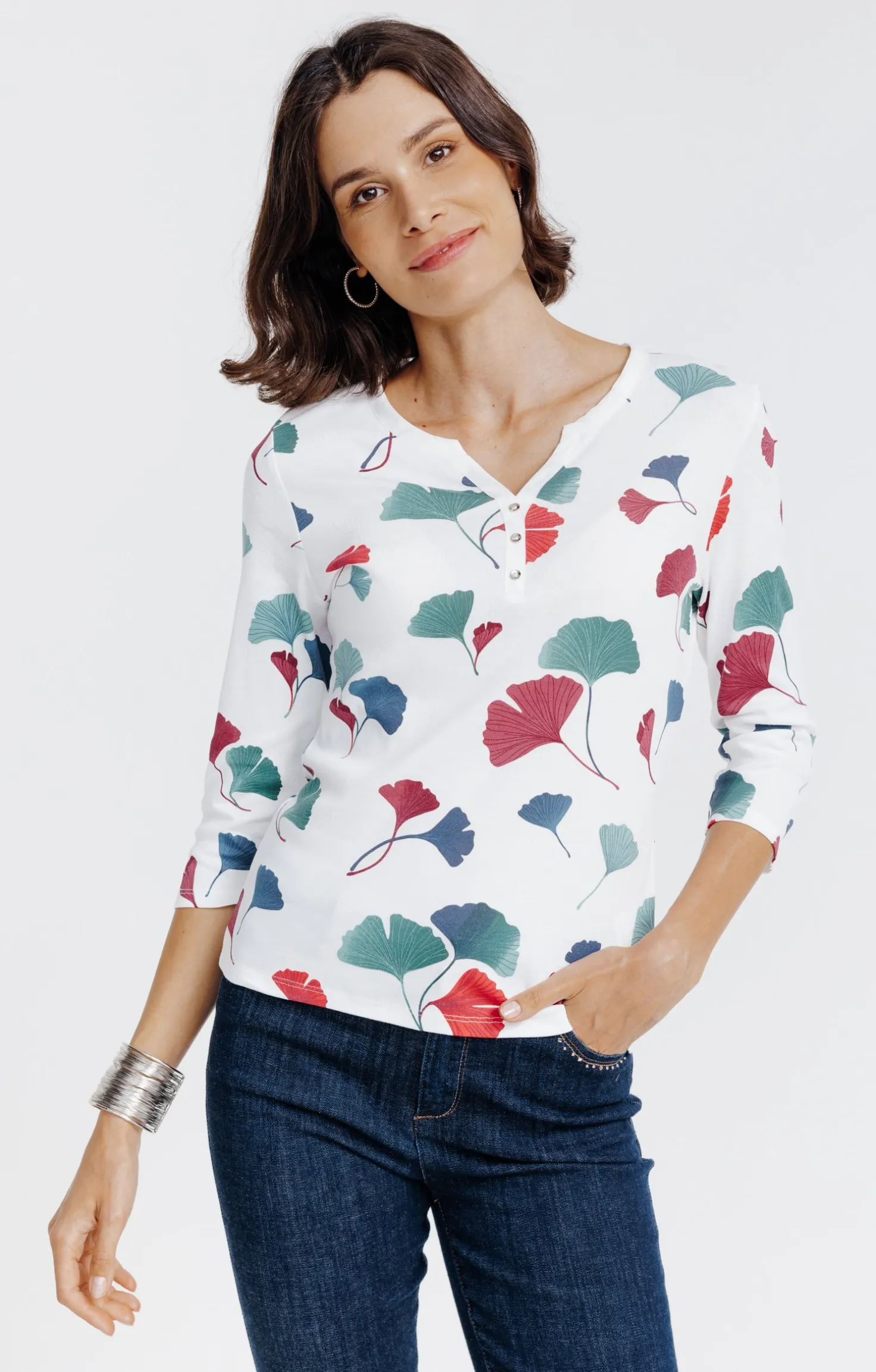 Armand Thiery Tee-shirt imprimé floral col rond patte - Écru Cheap